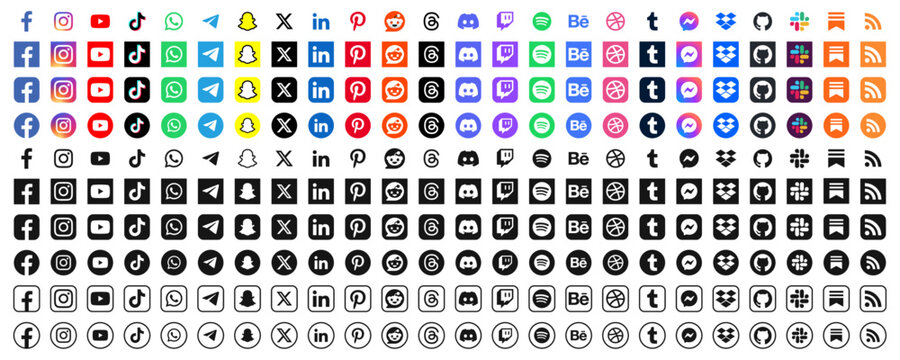Vector icon set of popular social media platforms in multiple styles flat, outline, rounded and dark. Includes icons for ui, web, mobile, business, and contact design.