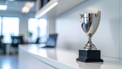 Shiny trophy on white shelf in blurred office; success