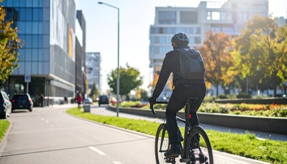 Cyclist riding down a sunny city street in fall, buildings lining the road