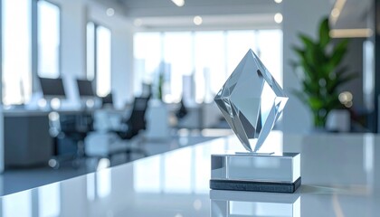 Crystal diamond award atop a desk in a bright, modern office. Blurred background with plants