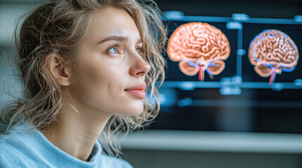 Thoughtful woman scientist with curly hair looks at brain scans on screen, focused and inspired by research