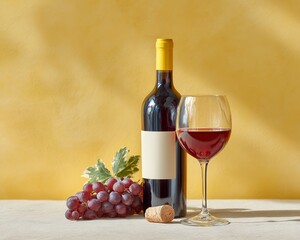 Obraz premium Vibrant Red Wine Bottle with Glass and Grapes on Yellow Background