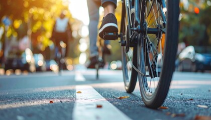 Cycling in city. Low angle, blurred background, sunlight through trees, focus on rear tire