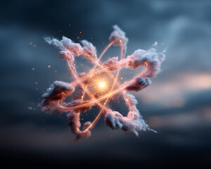 Stunning Digital Illustration of an Atom Surrounded by Cosmic Clouds