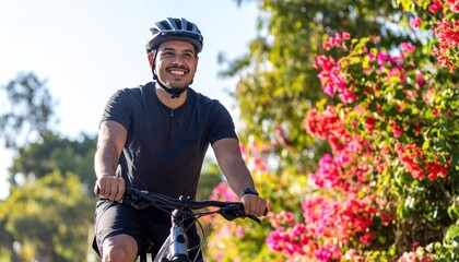 Man riding a bike outdoors, smiling with flowers and trees in the background
