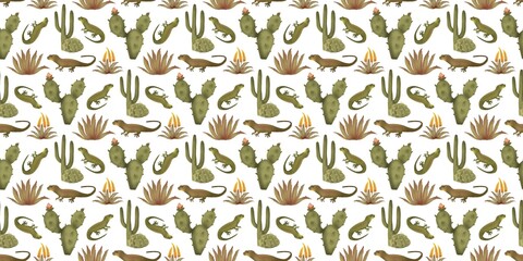 Seamless desert pattern with lizards, cacti, succulents, and aloe flowers on a white  background. Ideal for textile design, kids’ products, or nature-inspired decor