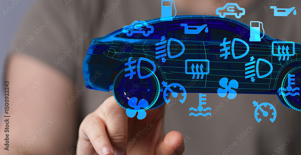 Aufkleber Stock photo of a person interacting with a digital car dashboard displaying various warning lights and indicators.