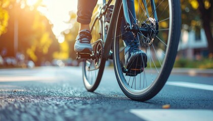 Close-up of a person riding a bicycle on a street, sunny day