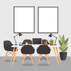 Modern Office Space with Black Chairs and Green Plants