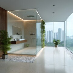 Modern bathroom with glass shower, wood accents, plants, and cityscape view