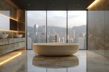 Luxurious marble bathroom with panoramic city view from large window