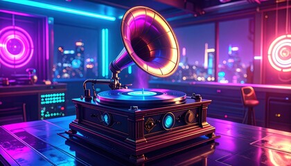 Glowing gramophone on a reflective table, city skyline visible through the window