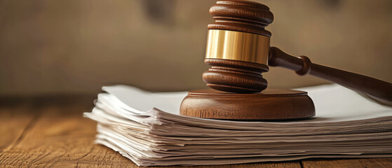 Wooden gavel poised on documents, symbolizing justice and decision-making in a serene setting with elegant lighting
