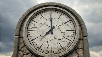 Fototapeta premium A large, cracked clock stands against a cloudy sky, symbolizing the passage of time and decay.