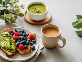 Healthy breakfast with avocado toast, soup, and coffee indoors