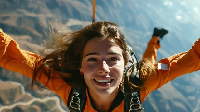 A happy girl on adrenaline, screaming with pleasure, jumped from a bird's eye height. Skydiving. Bungee jumping. Vivid emotions