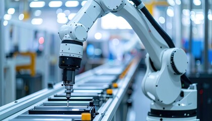 White robot arm in a factory, working above a conveyor belt