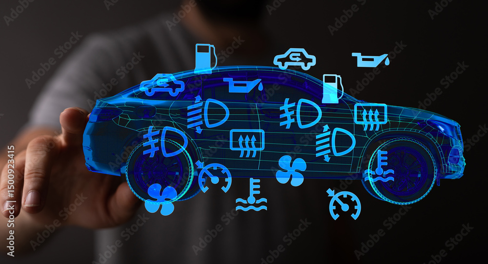 Poster modern car diagnostics, illuminated warning symbols, digital display.