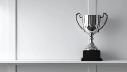 Chrome trophy on a shelf against a white wall, simple, elegant