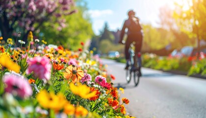 Cyclist on a path lined with vibrant flowers in sunlight, spring blooms