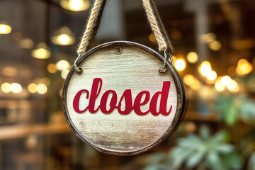 Closed sign on cafe door indicating it's time for the business to shut down operations temporarily