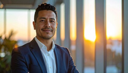 Confident man in suit, arms crossed, smiling. Sunset behind him through tall windows