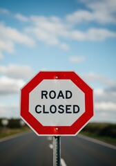 Obraz premium Road Closed Warning Sign On Highway With Blue Sky Photo