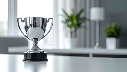 Chrome trophy sits on a white surface, blurred background of interior furnishings & daylight