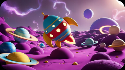Ideal for space-themed branding and imaginative projects, this vibrant illustration features a whimsical rocket exploring a colorful galaxy. Perfect for educational materials, children's products