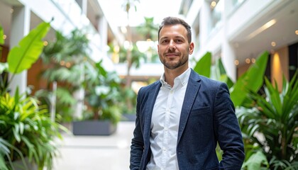 Man in a suit jacket smiles in lush indoor greenery, skylights above