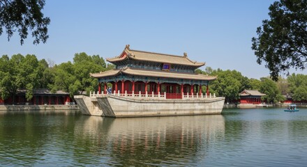 Fototapeta premium Scenic Photo of an Architectural Structure on a Lake with Reflection in Beijing China