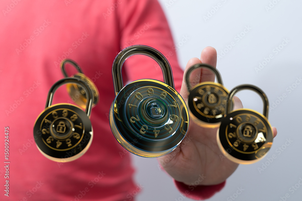 Poster Image of multiple combination locks floating in a hand, representing data security and protection.