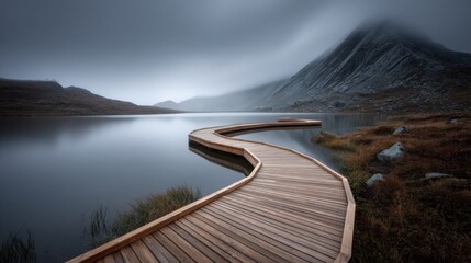 Serpentine boardwalk extends into still lake beneath misty mountains