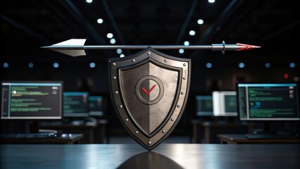 A metallic shield blocks an arrow in front of computer screens with code, symbolizing cybersecurity protection in a digital environment.