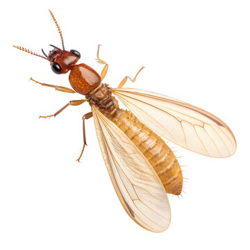 Closeup of a winged termite, showcasing intricate details of its body and translucent wings against a stark black background. A detailed study of insect anatomy.