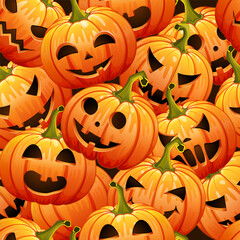 Repeating Halloween seamless vector pattern. Pumpkins with funny, smiling, creepy faces
