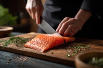Salmon slicing on wooden board with herbs