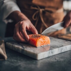 Chef prepares salmon fillet on marble board, sprinkling herbs; sharp knife visible