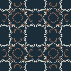 Seamless vintage damask floral tile design in blue and earthy tones, perfect for textile prints and home decor.