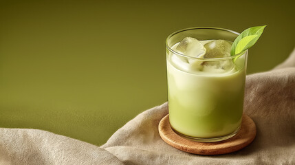A refreshing glass of iced matcha latte with ice cubes and a green leaf, set on a soft linen cloth and wooden coaster
