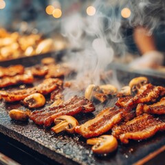 Smoking meat and mushrooms cook on a flat grill with bokeh background