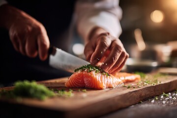 Salmon being prepared, cut on a wood board, garnished with chives. Close-up shot of the hands and food