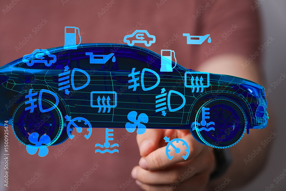 Poster stock photo of a digital car dashboard with various warning and maintenance lights.