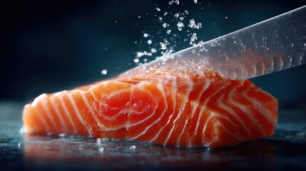 Salmon steak being cut with knife; salt grains floating