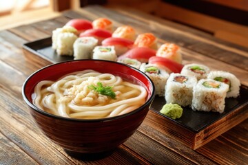 Sushi and Udon on Wood
