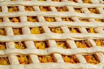 A close-up shot of a freshly baked pie with a beautiful lattice crust filled with vegetables.