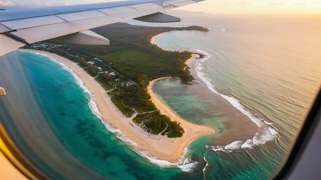 High-angle view through an airplane window at sunrise or sunset.  A wing of the plane is visible in the upper left quadrant.  