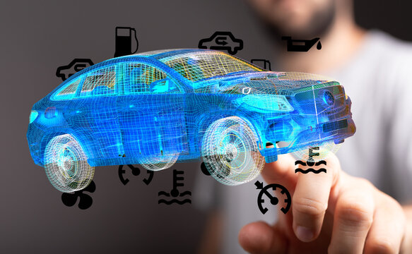 3D wireframe car with digital maintenance icons. Perfect for automotive technology, repair, or diagnostics.