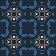 Seamless vintage damask floral tile design in blue and earthy tones, perfect for textile prints and home decor.