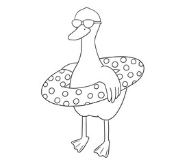 Cute baby goose with swimming ring. Funny cartoon outline bird isolated on white background for childish coloring book